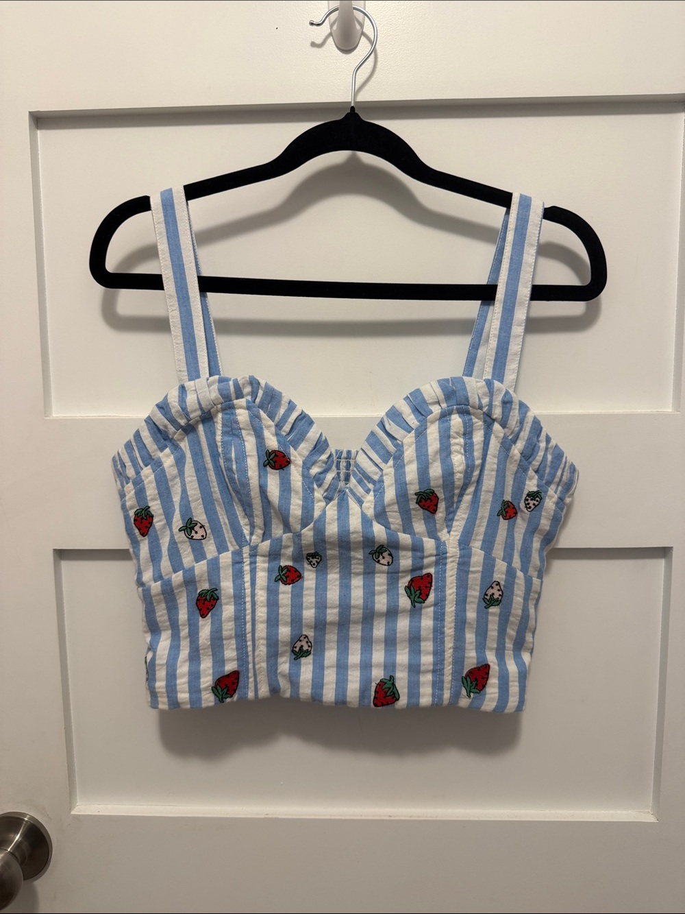 Maeve Blue and White Striped Strawberry Bustier Crop Top